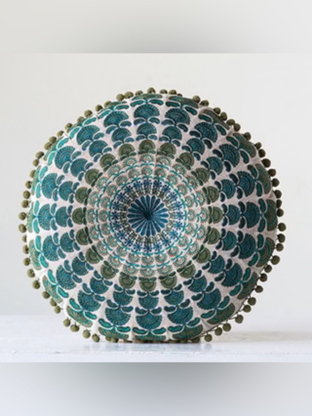 NWT Round Embroidered Teal & Olive Decorative Pillow